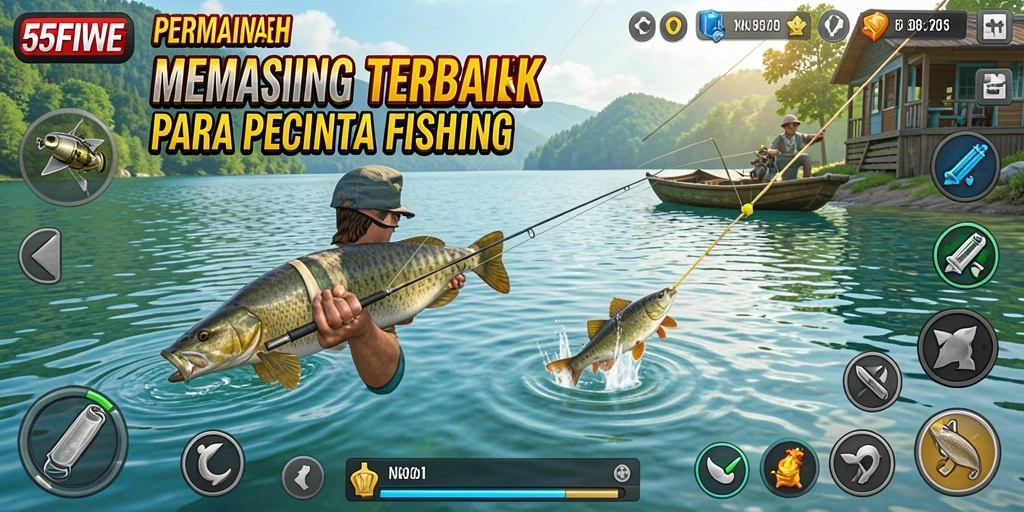 Screenshot 55FIVE menampilkan aksi memancing yang mendebarkan.