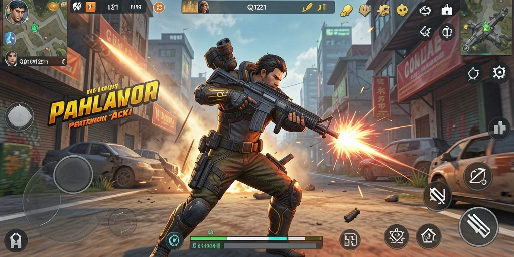 Screenshot utama QQ1221 menampilkan aksi pertarungan TPS yang mendebarkan.