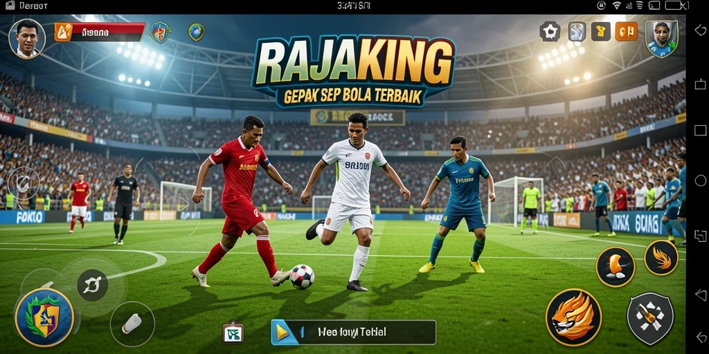 Tampilan gameplay seru di RAJAKING dengan aksi sepak bola yang mendebarkan.