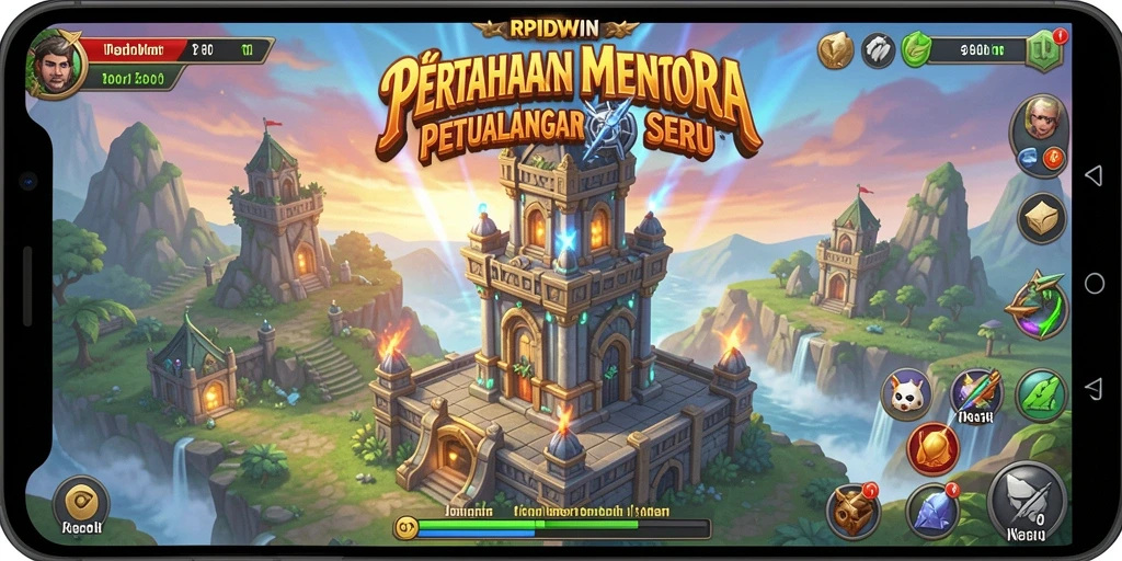 Screenshot gameplay RPIDWIN menampilkan menara berwarna cerah dalam aksi.