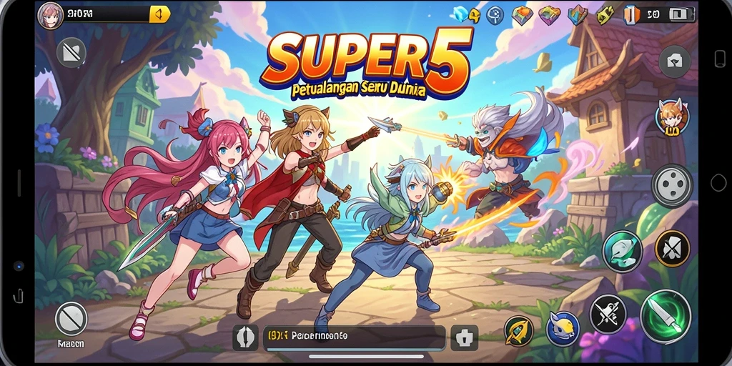 Tampilan gameplay <strong>SUPER5</strong> dengan karakter anime yang beraksi.